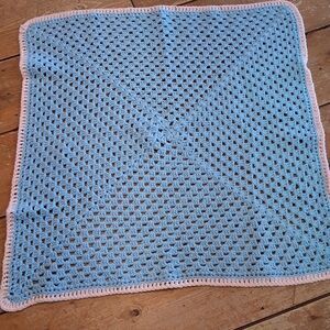 Vintage Hand made crocheted blue with pink trim blanket